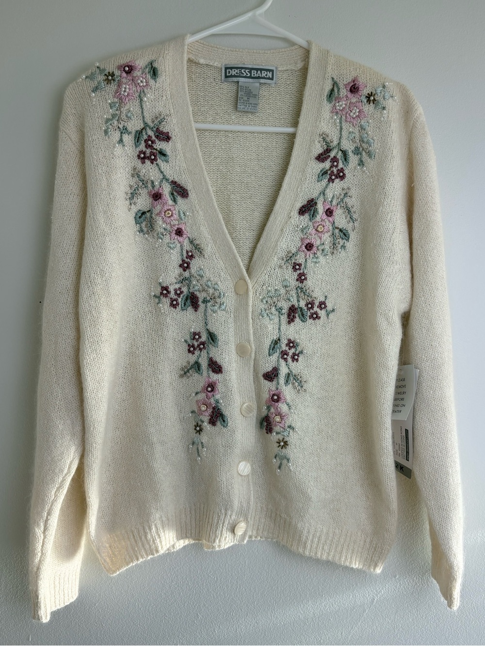 NWT Silk Angora Vintage Cream Cardigan Floral Embroidery Beads Dress Barn Medium